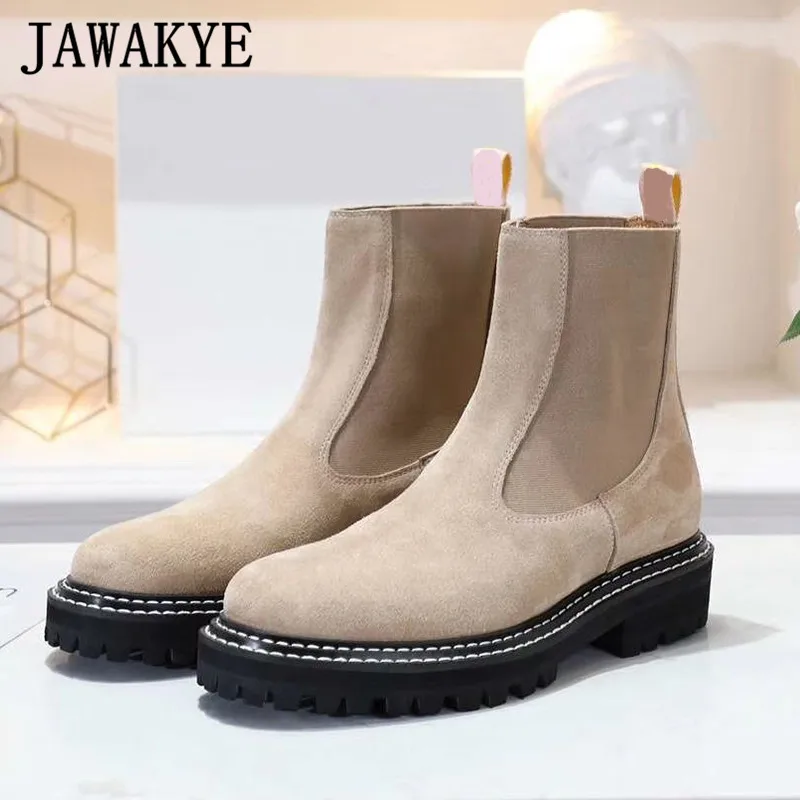 khaki suede Новинка; осенние ботинки «Челси» из натуральной кожи; женская зимняя обувь на толстой плоской подошве; черные ботинки на плоской подошве; эластичные женские ботинки без застежки - Цвет: khaki suede