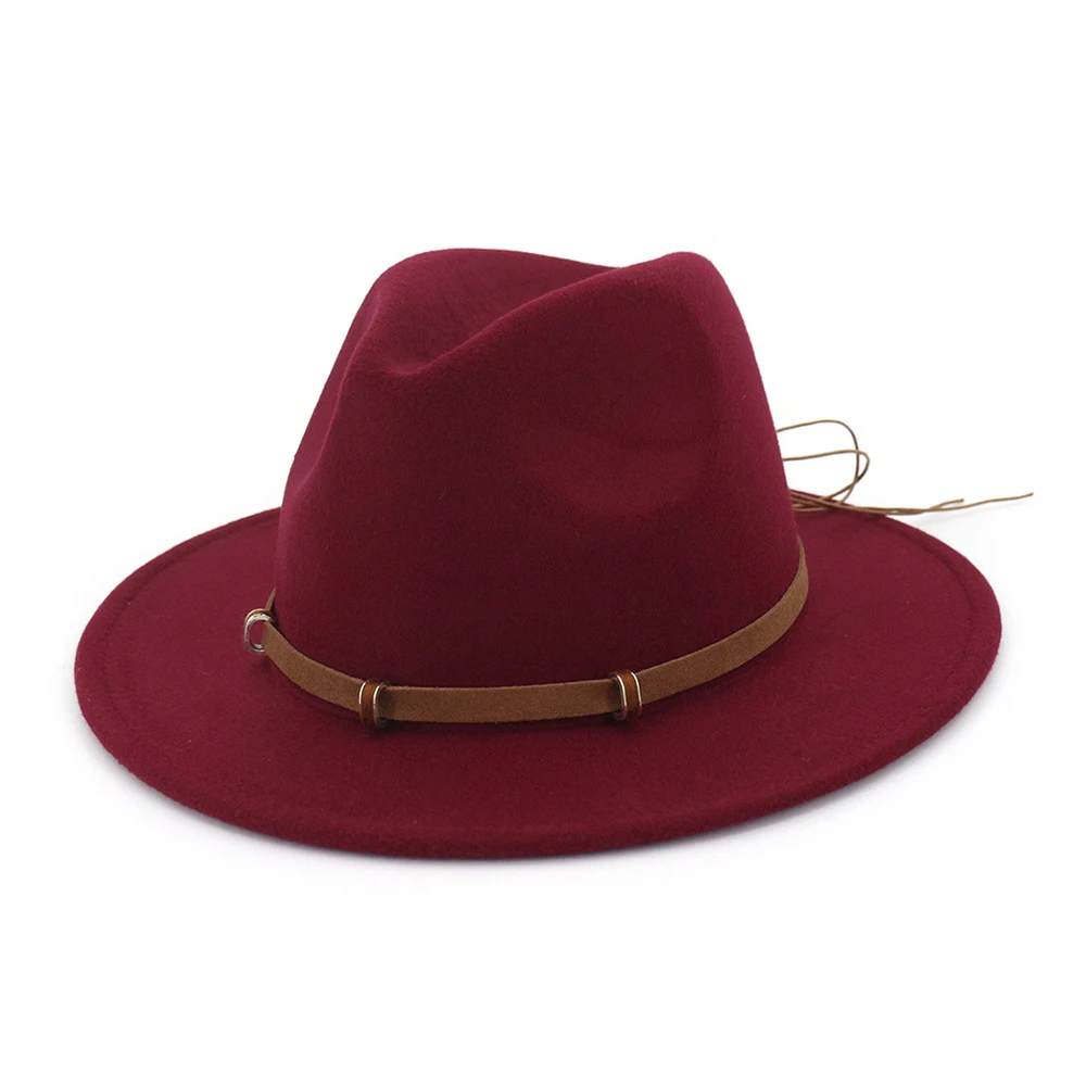 Wine Red Ретро Мужская и Женская шерстяная шляпа Fedora широкий джазования с полями шляпа леди зима осень чародейная шляпка для церкви размер 56-58 см - Цвет: Wine Red