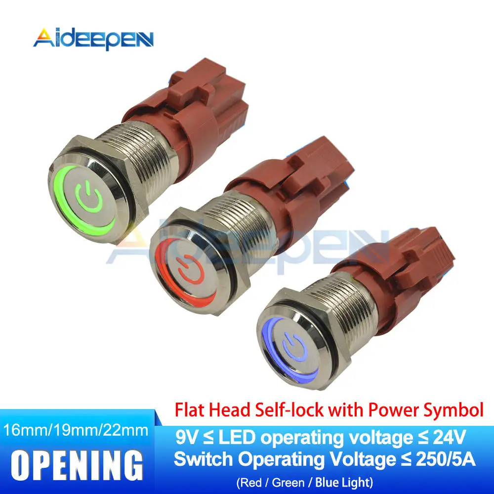 Self-lock Power sign 16 мм 19 мм 22 мм красный синий зеленый свет 250 В 5A горячий автомобиль металлический светодиодный Кнопка питания переключатель самоблокирующийся Тип ВКЛ-ВЫКЛ 9-24 В - Цвет: Self-lock Power sign