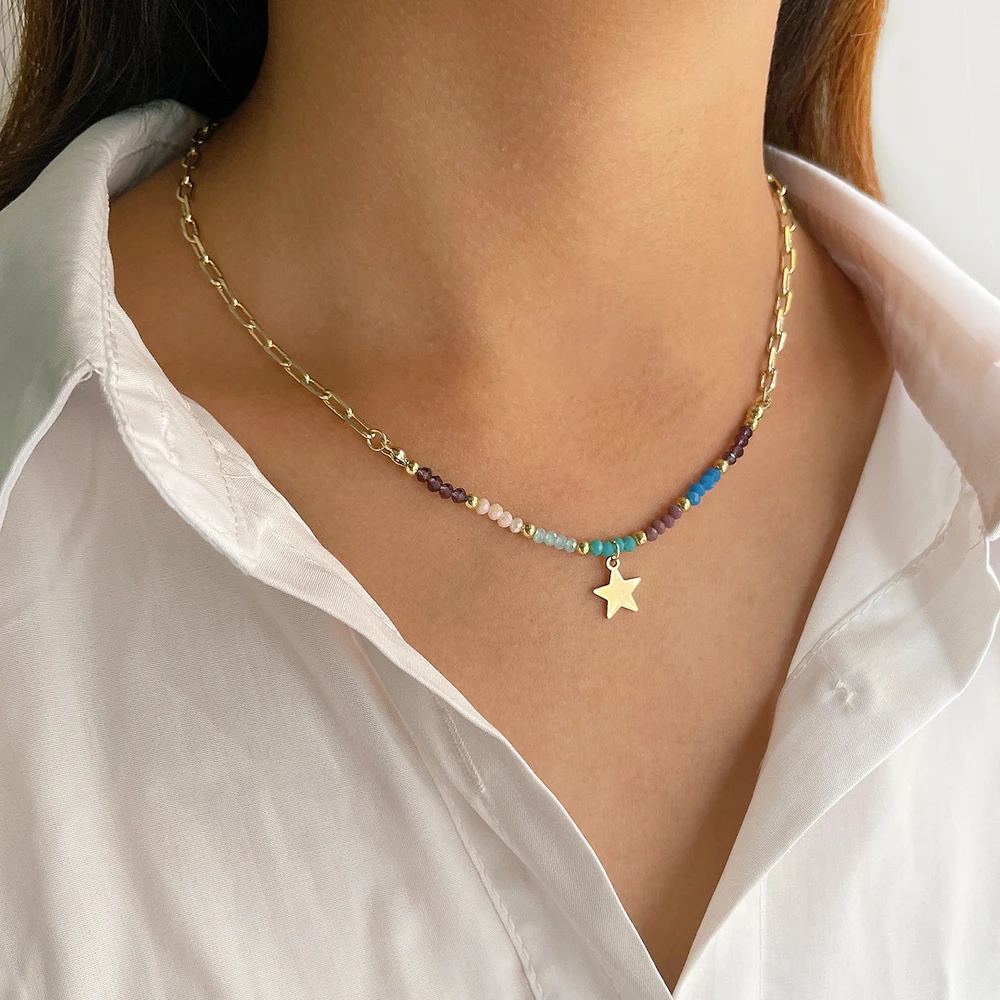 Peri'sBox Cute Multicolor Acrylic Bead Five-Pointed Star Pendant Necklace For Women Trendy Mixed Chain Necklaces - Image 2