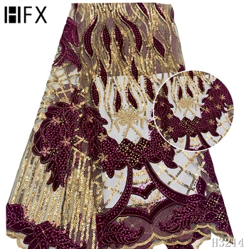 

HFX African Velvet Lace Fabric with Sequins 2020 High Quality Lace For Wedding Dress Nigerian French Stones Lace Fabrics F3214