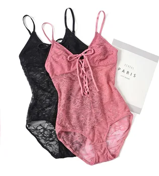 

Wriufred Ultra-thin Full lace sexy jumpsuit cotton openable sheer nightwear ladies jumpsuit large size underwear