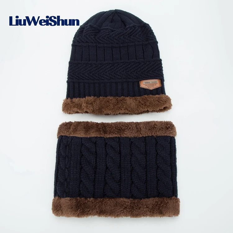 one set navy blue LIUWEISHUN модная зимняя женская шапка мужская шерстяная шапка Skullies Beanies Skullies Bonnet зимний шарф шапка меховая теплая вязаная шапка - Цвет: one set navy blue