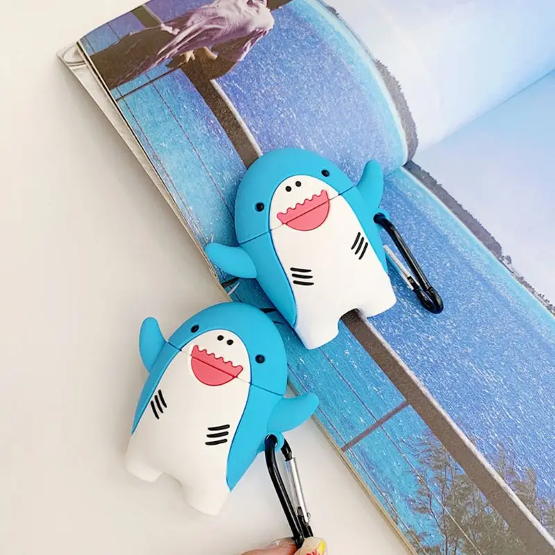 

Blue Shark Protective Cover Soft Silicone Case with Carabiner for Airpods 1/2 3XUE