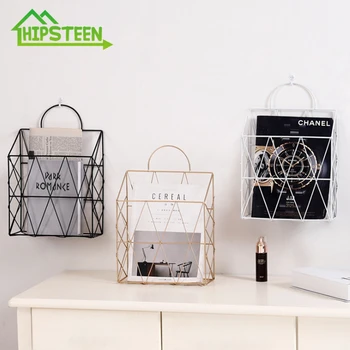 

HIPSTEEN Metal Storage Basket Nordic Wall Hanging Storage Rack Net Iron Desk Magazine Newspaper Organizer Wall Decoration Holder