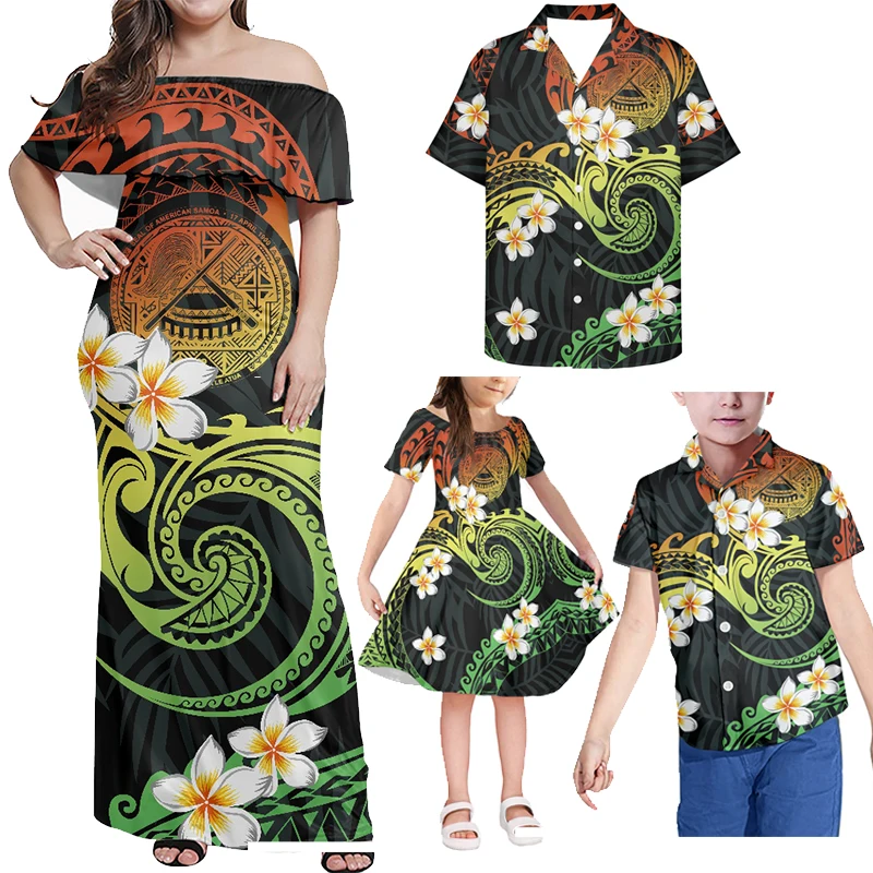 Vestido verde con hombros descubiertos de HYCOOL, conjunto a juego para mamá e hija, ropa tribal polinesia, conjunto familiar, regalos de Navidad para papá