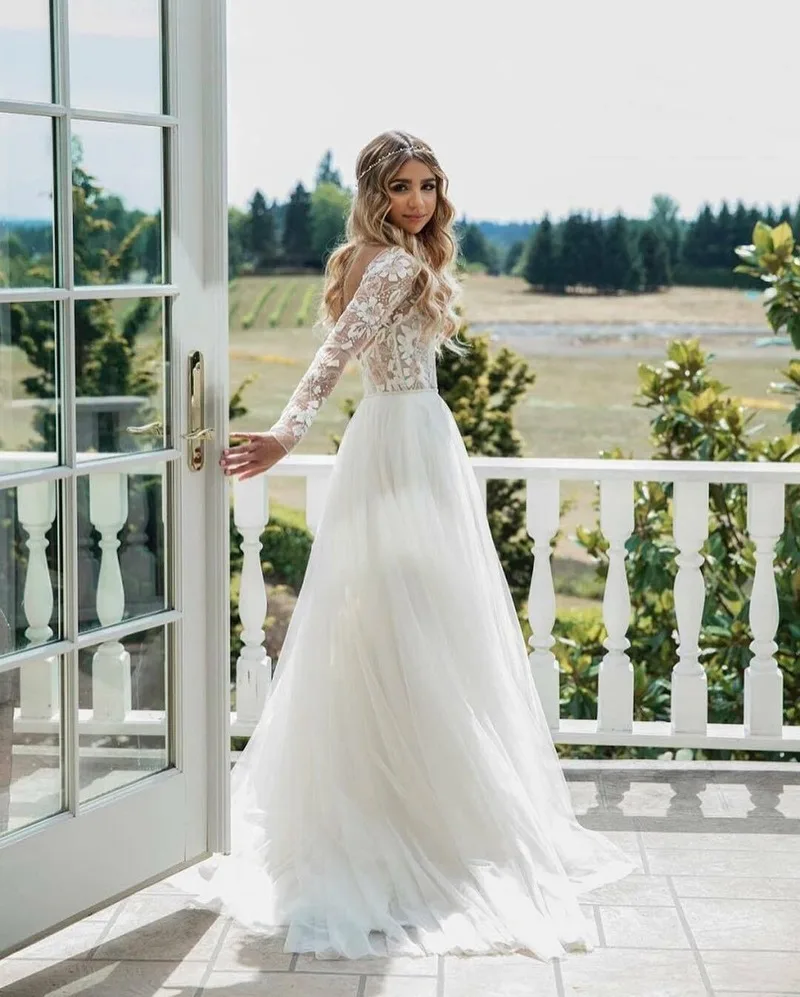 Robe De Mariee Дешевое простое свадебное платье трапециевидной формы с длинным рукавом и кружевной аппликацией свадебное платье с длинным рукавом Vestidos De Novia