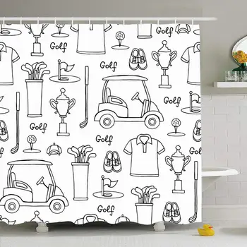 

Shower Curtain Set with Hooks 72x72 Pattern Ball Hand Site Drawn Design Symbols Outline Style Sports Recreation with Sketch