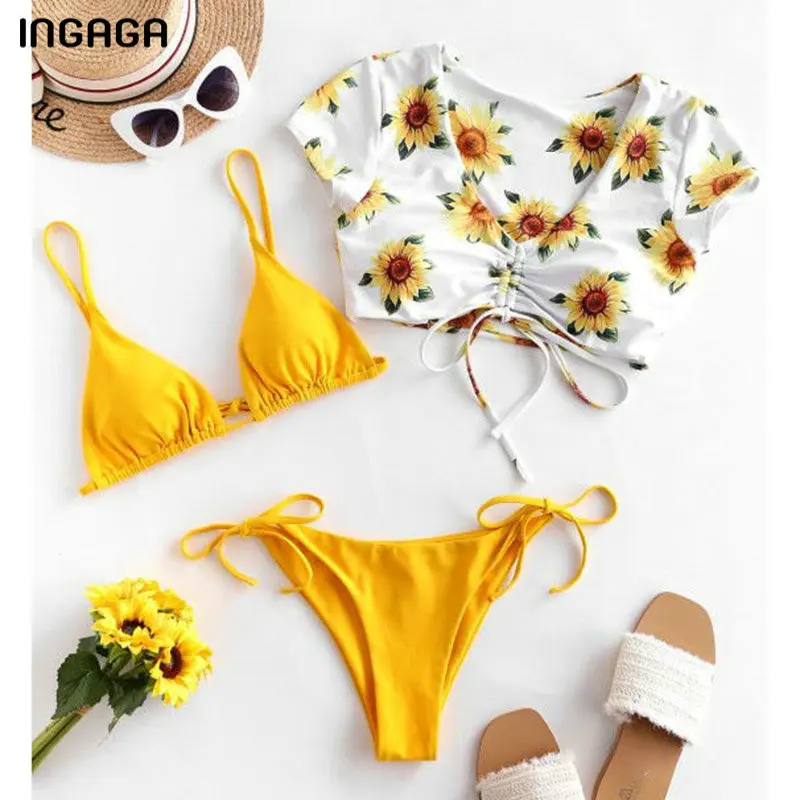 

INGAGA Push Up Bikinis Swimwear Women Short Sleeve Swimsuits String Bow Biquini Floral Print Bathing Suits Three Piece Swim Suit