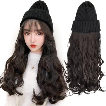 

MUMUPI hat wig hair extensions cap for autumn winter warm woven hat with fake false hair synthetic resistance fiber