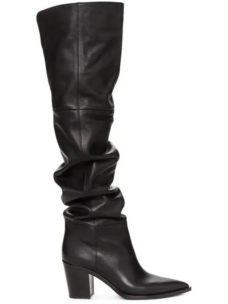 MStacchi/зимние сапоги до колена с острым носком на не сужающемся книзу массивном каблуке, на молнии женские ботфорты Брендовые вечерние сапоги из натуральной кожи