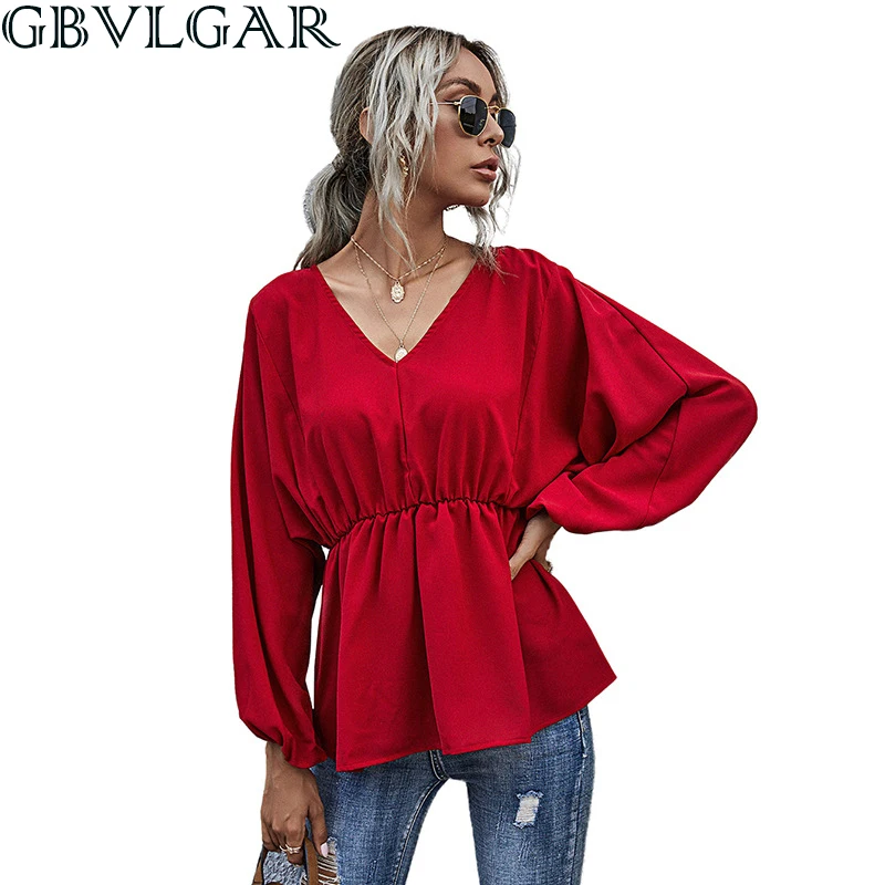 

GBVLGAR 2020 Women Elegant Fashion Pullover Solid V Neck Casual Femal Tops Long Puff Sleeve Spring And Summer Office Lady Top