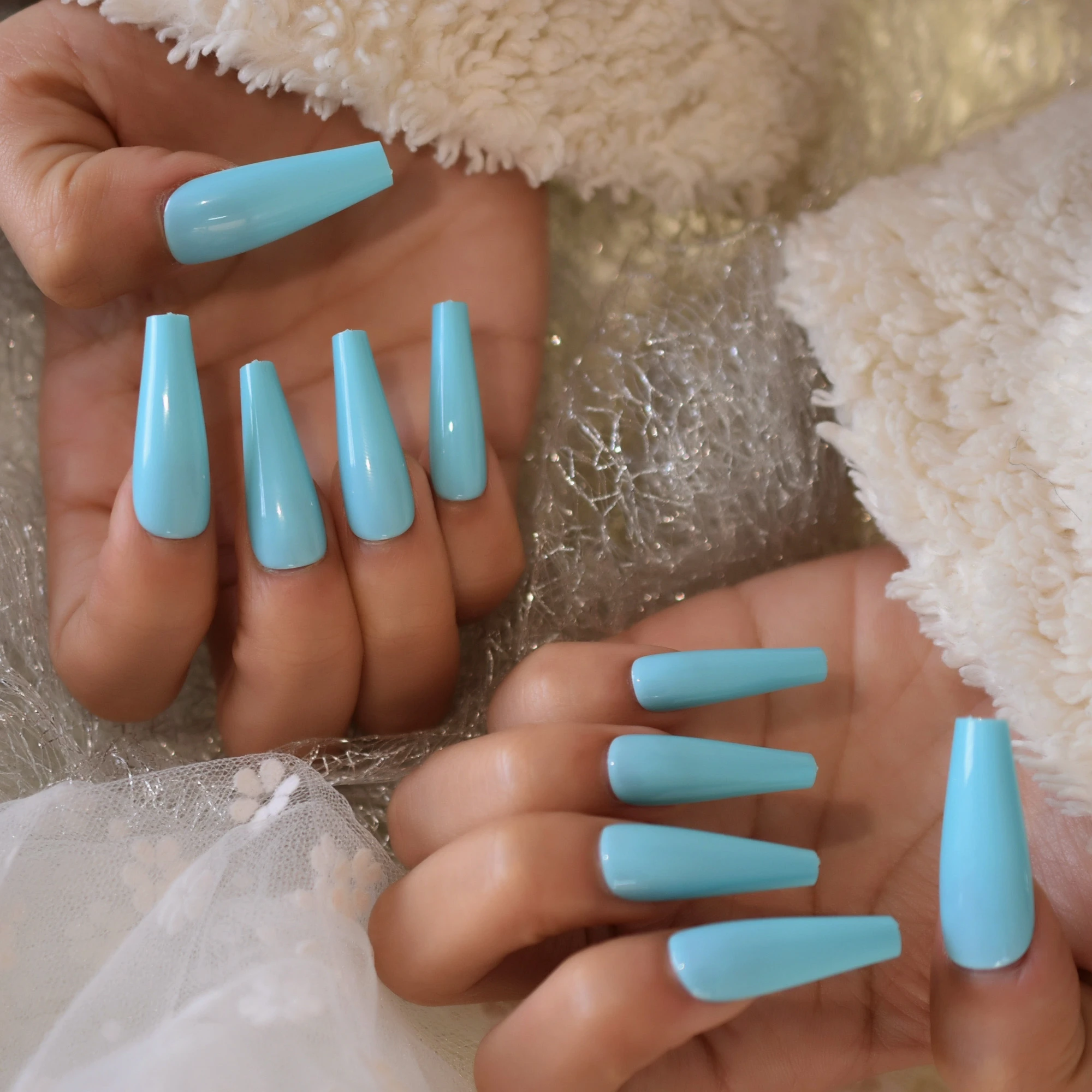 Light Blue Full Covered False Nail Tips Fake Nail Extra Long Coffin Shape  Press On Nail For Girl|False Nails| - AliExpress