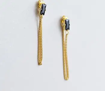 

1pair new 100% Real. 925 Sterling Silver Fine Jewelry Black Stone CZ Rectangle Tassel Dangle earrings Gold color gtle1785