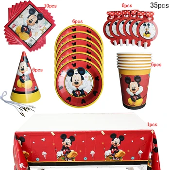 

35pcs Mickey Party Supplies 6 People Party Tableware Paper Cup Tray and Hat Tablecloth Kids Birthday Party Decoration