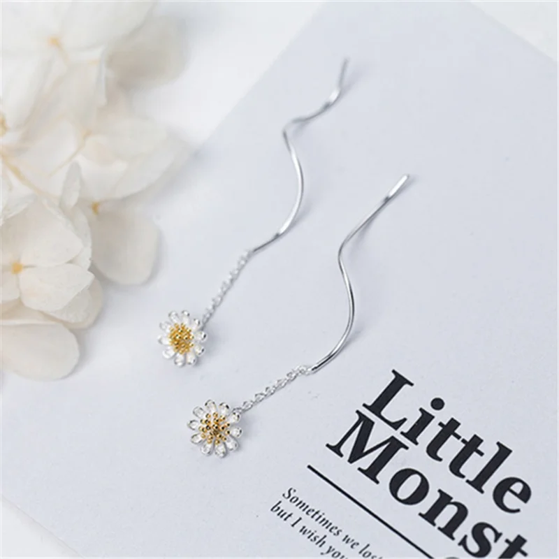 WANTME Genuine 100% 925 Sterling Silver Korean Cute Small Daisy Long Dangle Drop Earrings for Women Party Jewelry Gift Wholesale