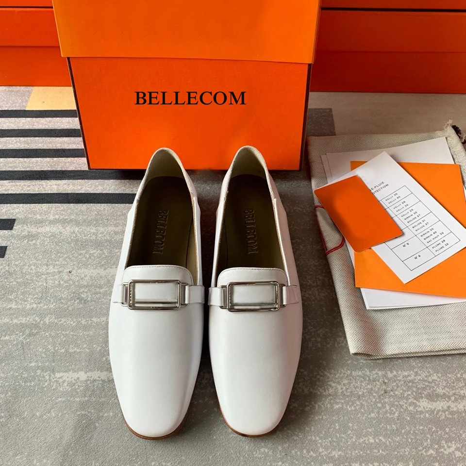 

BELLECOM Fall New Women's Singles Leather Flat-soled women slip Shoes for Comfortable Metal Button Lover Shoes sapato feminino