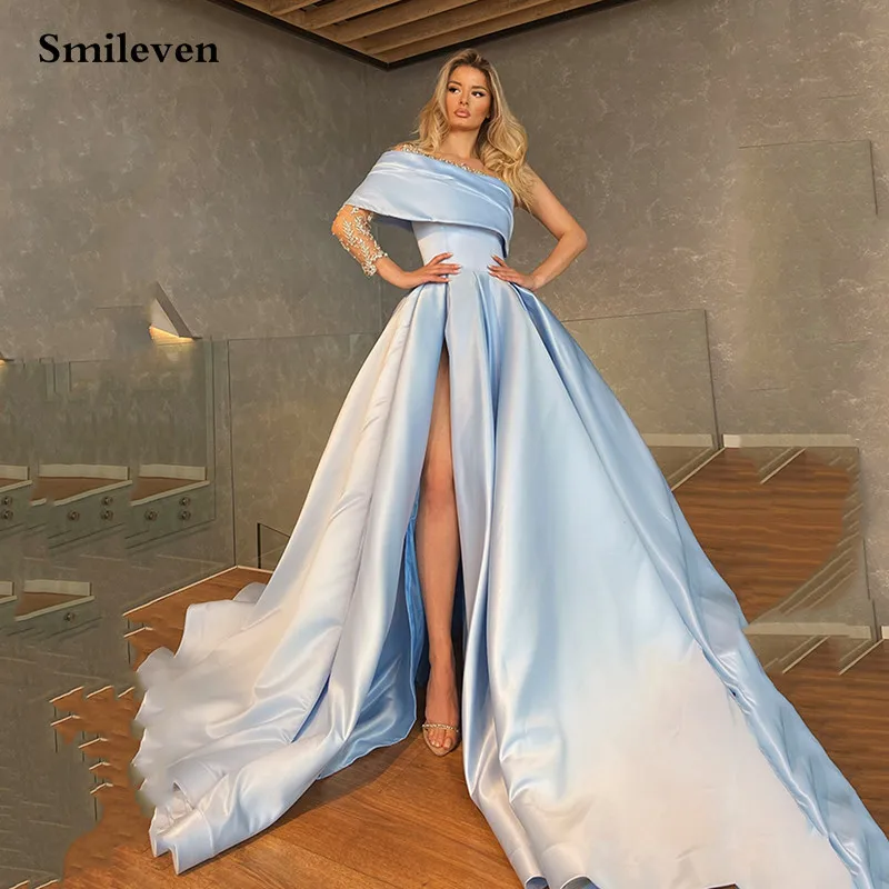 

Smileven Sky Bule Formal Evening Dress Beaded Crystal One Shoulder Saudi Arabia Prom Dresses Side Split Dubai Celebrity Dresses