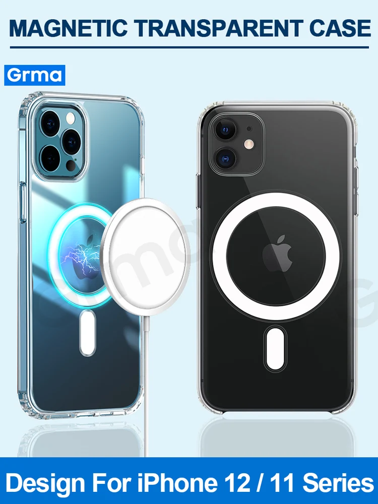 

GRMA Original Clear Magnetic Transparent TPU Back Cover for iPhone 12 11 Pro Max 12 mini Case Skin Friendly Shockproof Cover