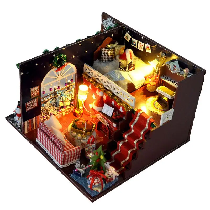 

DIY 3D House Model Craft Kit Christmas Decoraions Assemble Miniature Dollhouse Kit LED Light Christmas