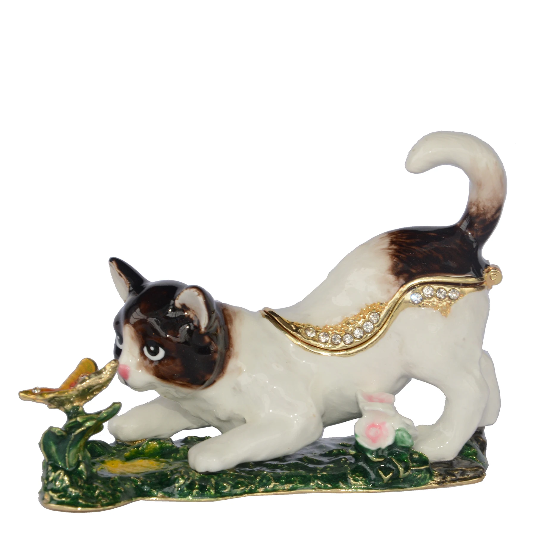 Elegant Butterfly Trinket Box with Cat Figurine - Perfect Collectible Gift