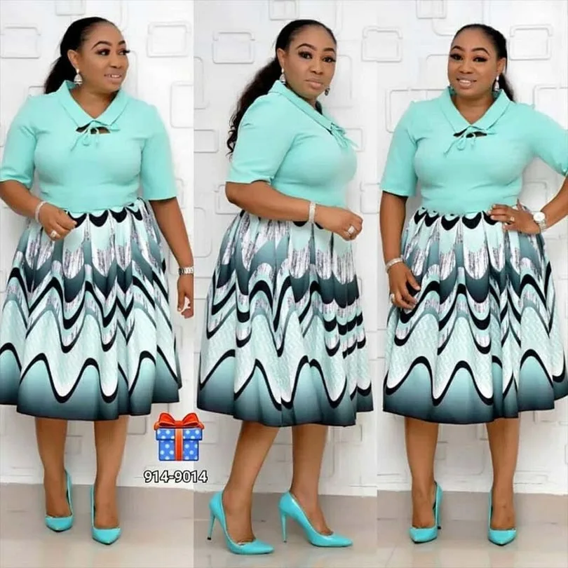 African Dresses For Women Print Patchwork A-Line Dress Autumn Turn Down Collar Big Swing Dress High Quality Partyclub