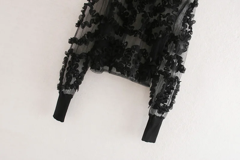 2019 za Женская мода SEMI SHEER контрастный Топ с длинным рукавом высоким воротом