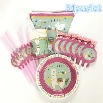 

34pcs/lot Cartoon Alpaca Cactus Disposable Tableware Kid Birthday Baby Shower Paper Plate Cup Flag Party Decoration Supplies