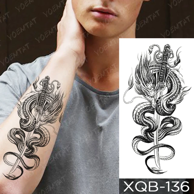 Autocollant de tatouage temporaire imperméable Dragon Lotus Plum Rose, tatouage épée de serpent, bras d'art corporel, fausse manche pour femmes et hommes 3
