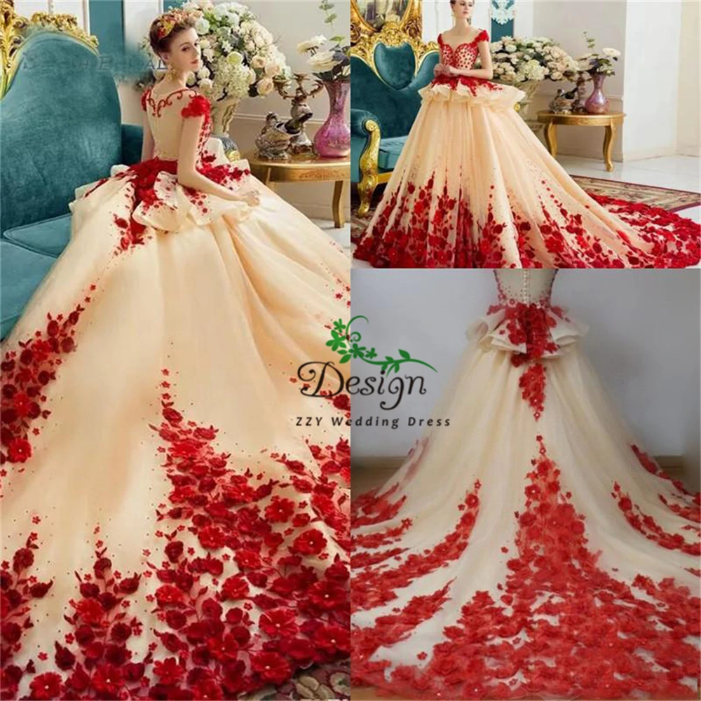 

Tulle Hand Red Romanticdmade Appliques Flowers Appliques Wedding Dress Long Train Tulle Back Lace Up Cheap Bridal Gowns