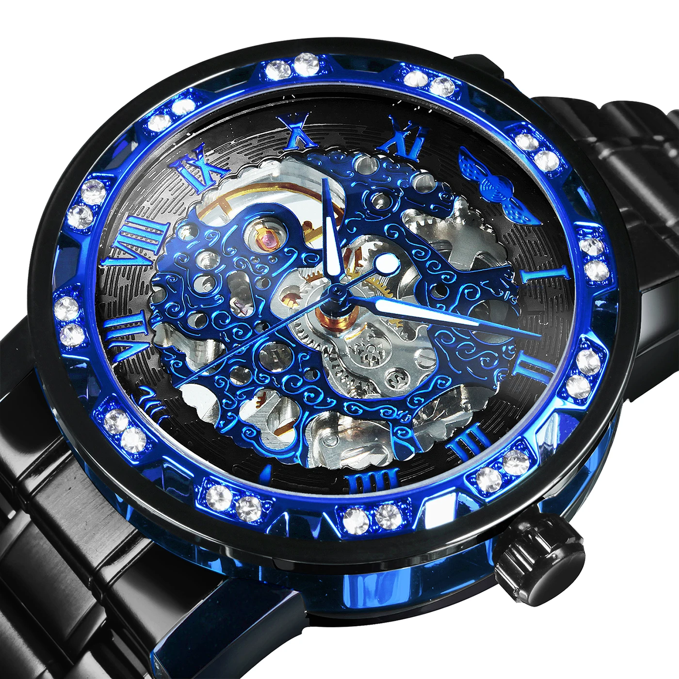 男性用の青いステンレス鋼の機械式時計,透明なダイヤモンド,スケルトン,トップブランド,ラグジュアリー,ビジネスファッション,スタイル