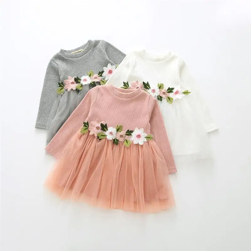 2020 New Baby Girls Dress Sweater Knitting Princess Mesh Floral Cute Dress Long Sleeve Baby Girls Autumn Outfit White Pink Grey