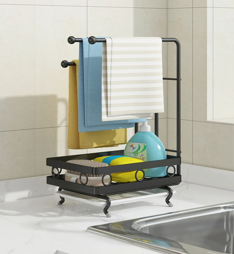 

Metal Stand and Wall Mounted Sink Sponge Storage Rack with 3 Rags Tools Drying Holder Orgainzer Gadget Container Shelf Drainer