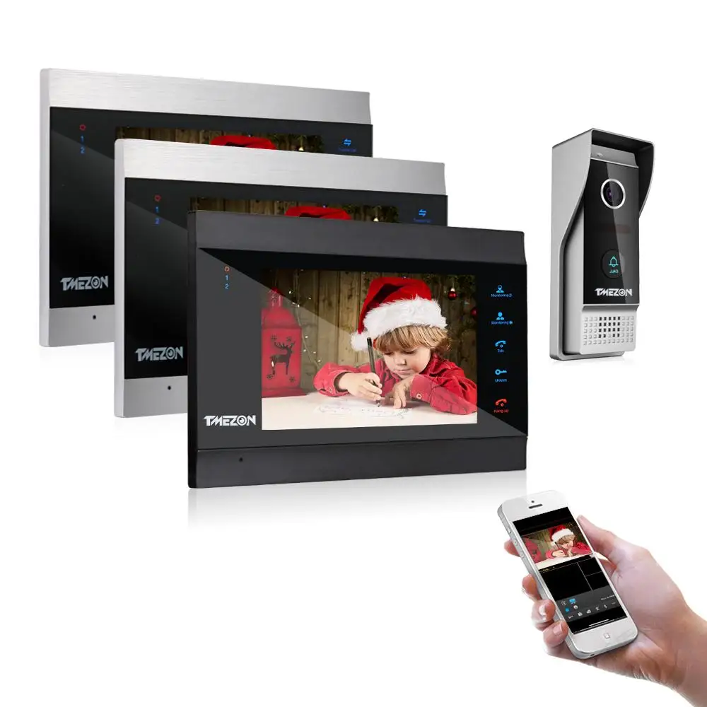 TMEZON 7 Inch Wireless/Wifi Smart IP Video Door Phone Intercom System with 3 Night Vision Monitor + 1 Rainproof Doorbell Camera