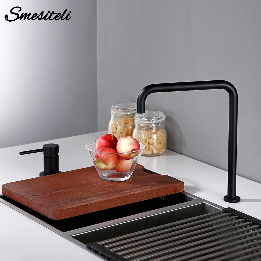 Kitchen Faucet Double-Hole Smesiteli Wash-Basin Brass Matt Black Solid 360-Degree L-Shaped