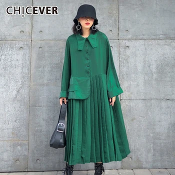 

CHICEVER Casual Dress For Women Lapel Collar Long Sleeve Patchwork Pocket Pleated Oversize Loose Midi Dresses 2020 New Fashion