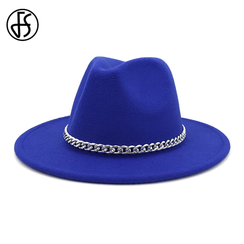 

FS Women Fedora Wool Hat Autumn Winter Gentleman Triby Felt Hats For Men Fashion Royal Blue Yellow Jazz Hats With Chain