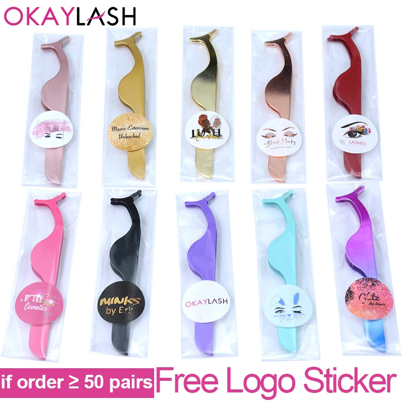 

OKAYLASH Private Label Wholesale Stainless Steel False Eyelash Tweezers Bulk Sale Fake Lash Applicator Custom LOGO Sticker