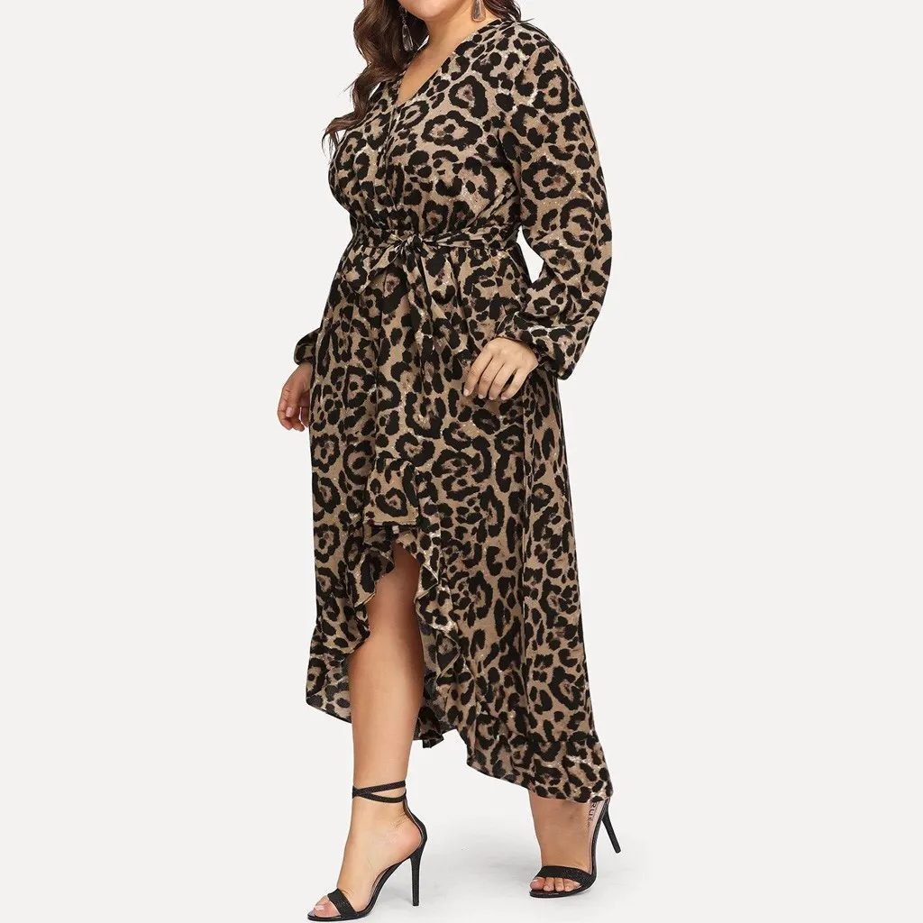 

Women Casual Plus Size Sexy Loose Leopard Print V-Neck Long Sleeve Ruffles Bandage Long Dress Wholesale Free Ship платье Z4