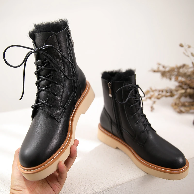 Ceny Donna in platforma kobiety zimowe buty śniegowe 2019 ciepłe futro Shearling damskie buty na obcasach prawdziwej skóry Zip gumowe botki