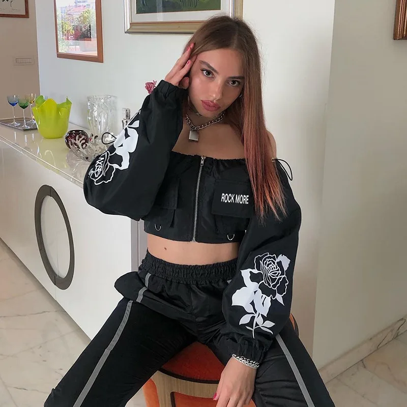 

Fall Strapless Rose Print Jacket Hoodies Sweatshirt Off The Shoulder Open Back Polerones Mujer Crop Top Zip Up WXT7217W07