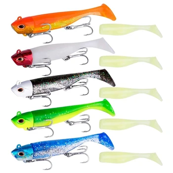 

5Set 14G New Fishing Soft Lures Jig Heads Lure Set Luminous Lures with 6 No. Treble Hooks for Sea Lake River Fishing