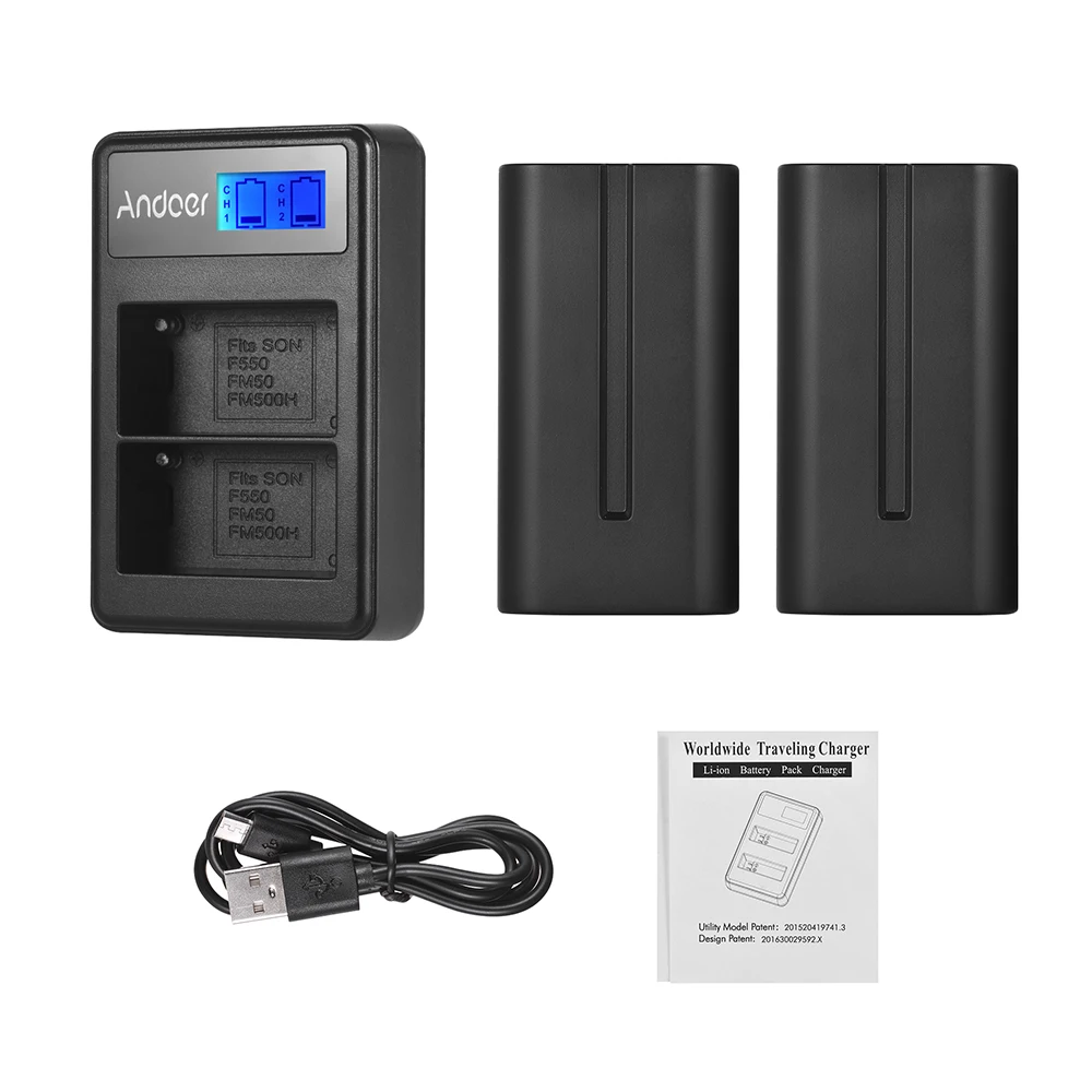 Andoer F550 зарядное устройство для камеры комплект 2* NP-F550 батарея+ lcd 2-NPF550 Двухканальное зарядное устройство ЖК-дисплей для видео светильник