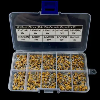 

500 Pcs 10 Values 0.1uF~10uF (104~106)Ceramic Capacitor Assorted Kit Assortment