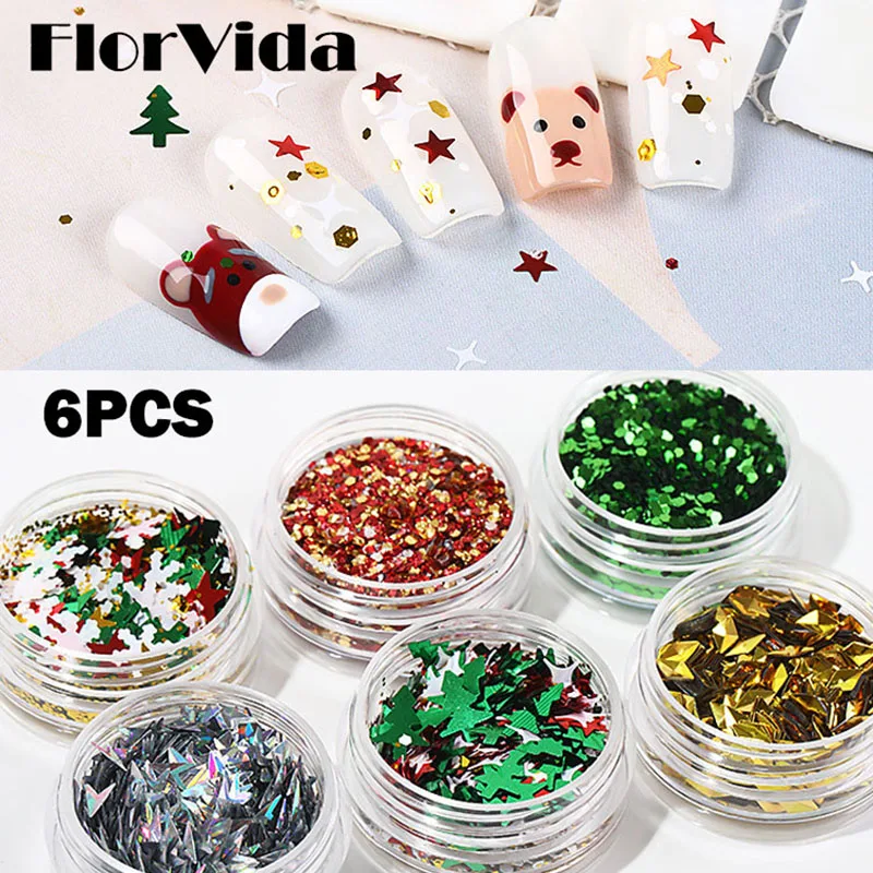 

FlorVida 6pcs Set Nails Art Glitter Sequins Holographic Slice Flakes Butterfly Christmas 3D Decorations Kit for Manicure Design