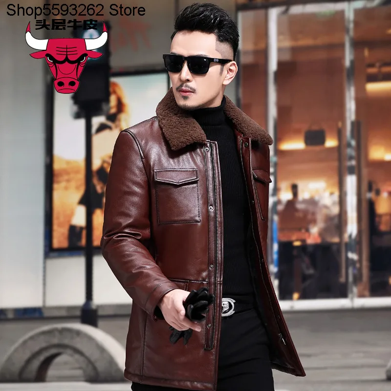 

Genuine Leather Leather Coat Men Head Layer Cowhide Genuine Leather Down Jacket Winter Keep Warm Leather Coat Leather Jacket