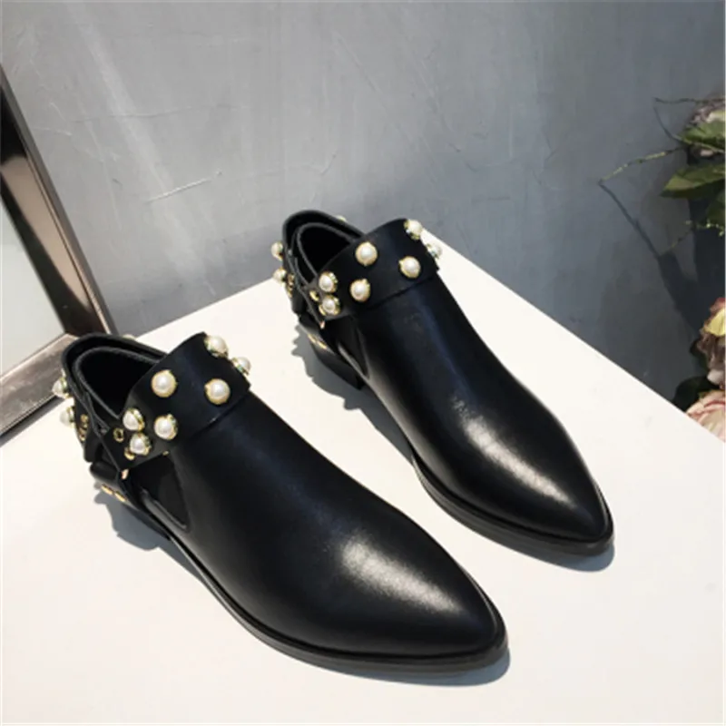 Bottes femme Zapatos De Mujer; кожаные ботинки с острым носком; женская обувь на плоской подошве с жемчугом; осенние модные ботинки - Цвет: as pic
