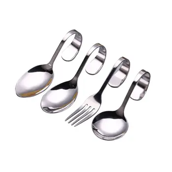 

6pcs Stainless Steel Curved Handle Salad Spoon Fork Kitchen Tableware Dessert
