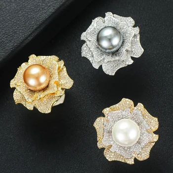 

missvikki Luxury Europe Blooming flowers Pearl Rings for Noble Women Party Show Fingers Jewelry Unique Ring Full CZ