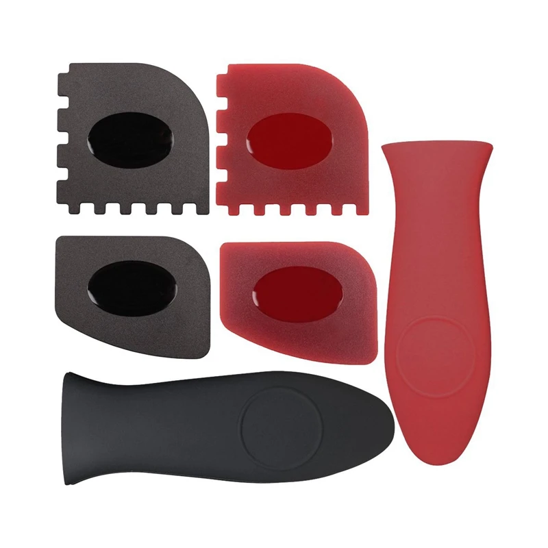 

6 Piece Durable Grill Pan Scraper Plastic Set Tool and Silicone Hot Handle Holder for Cast Iron Skillets, Frying Pans and Griddl